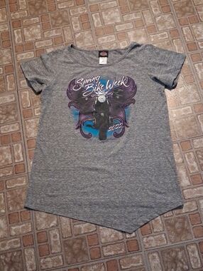 Harley-Davidson Gray Tee with Purple & Blue Motorcycle Graphic